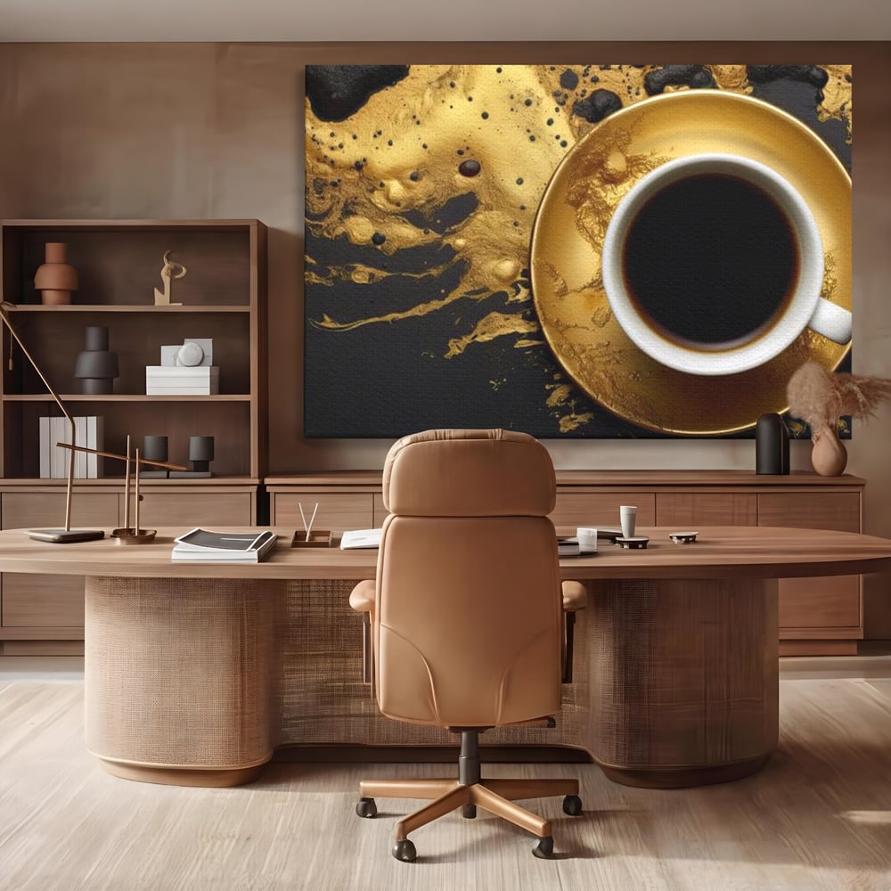 Tablou canvas cu tablou canvas cu ceasca de cafea, fara rama, pe sasiu de lemn, pe perete intr-un birou